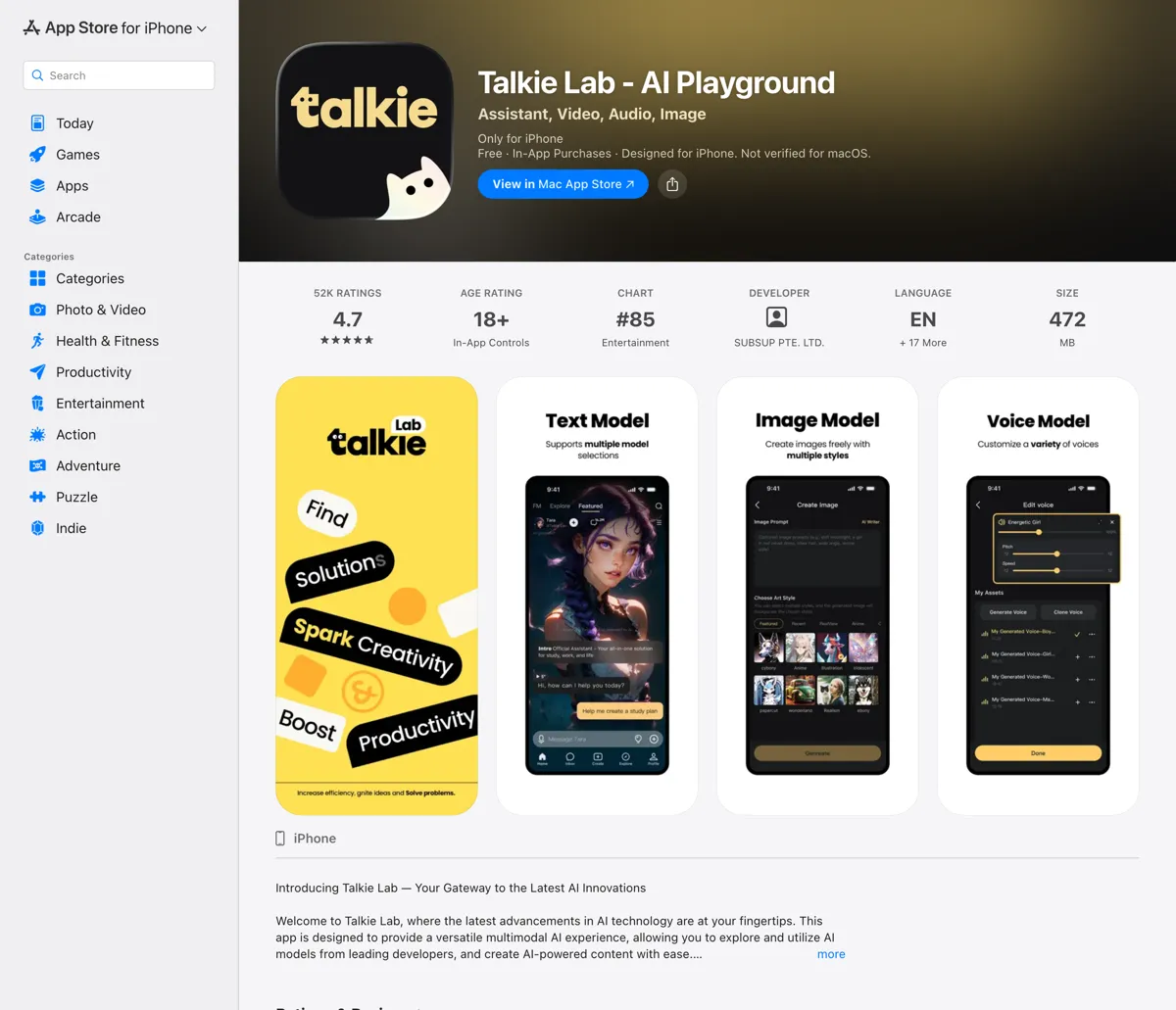 Talkie Lab listing on the US App Store under seller SUBSUP PTE. LTD. with a 17+ age rating