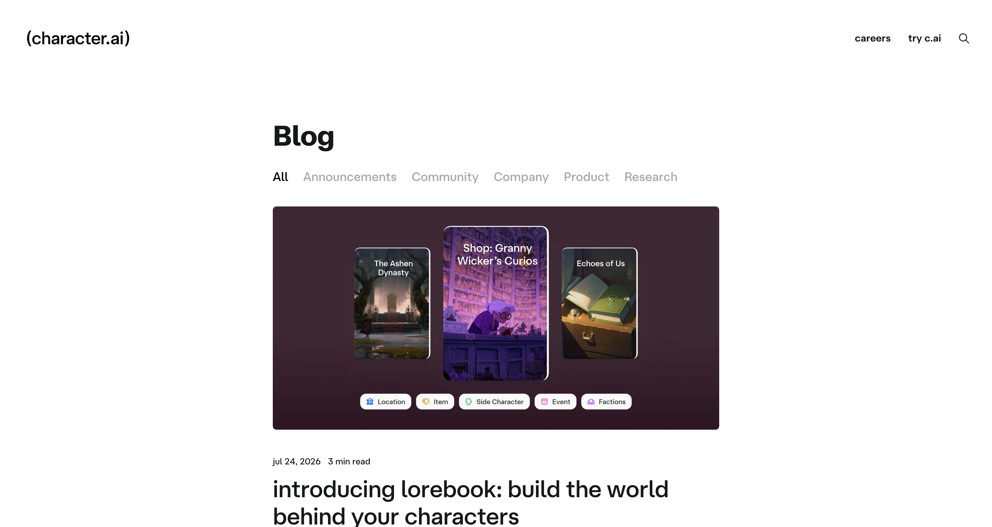 Character.AI's official blog in August 2026, still shipping feature announcements