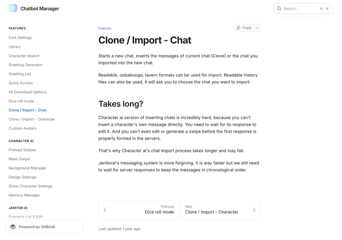 Chatbot Manager's documentation page for its Clone / Import - Chat feature