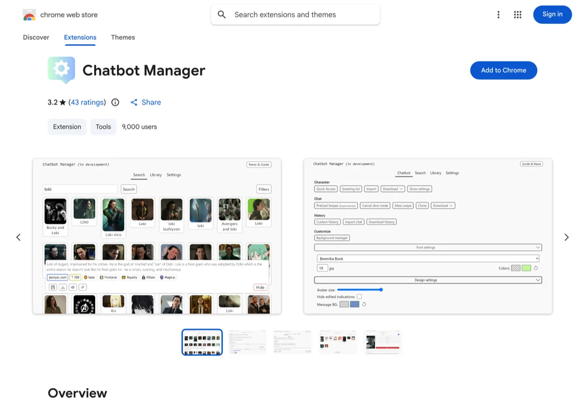 Chatbot Manager in the Chrome Web Store, the extension behind Method 1, captured Jul 26, 2026