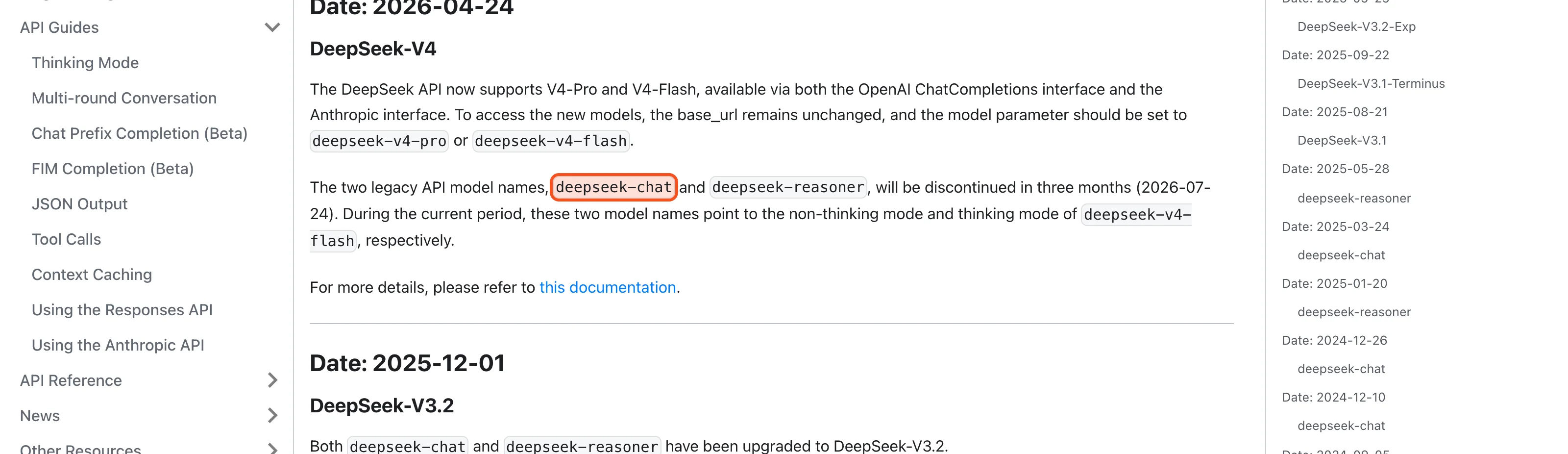 DeepSeek's official API updates page announcing the discontinuation of the deepseek-chat and deepseek-reasoner models