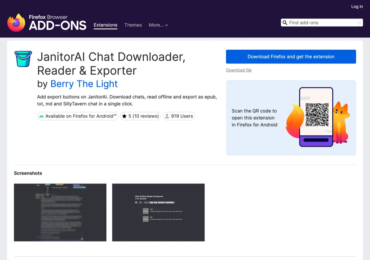 The JanitorAI chat exporter add-on listing on Firefox Add-ons
