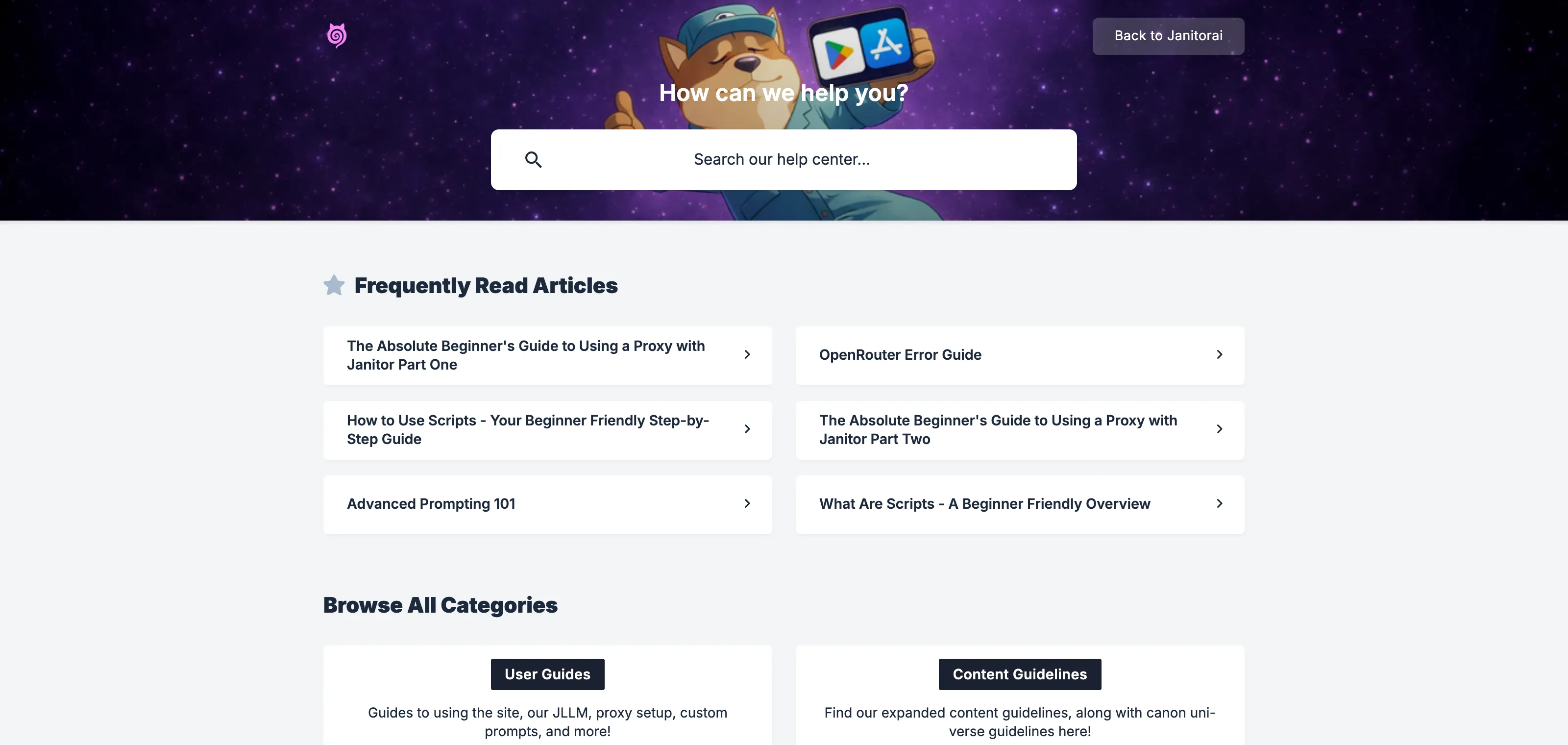 JanitorAI's official help center, whose categories contain no voice or audio section