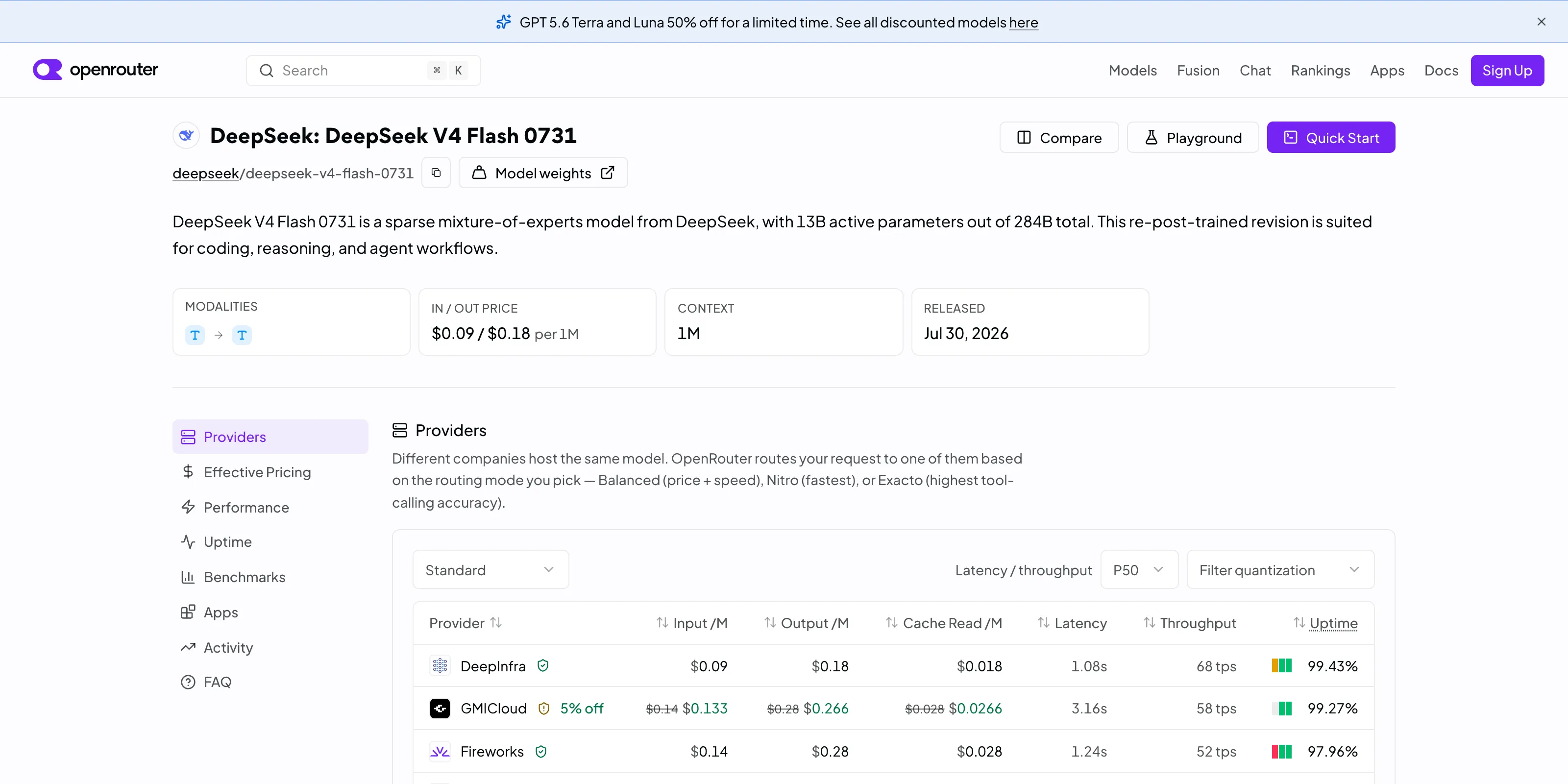 OpenRouter's listing for DeepSeek V4 Flash 0731 with its per-token pricing