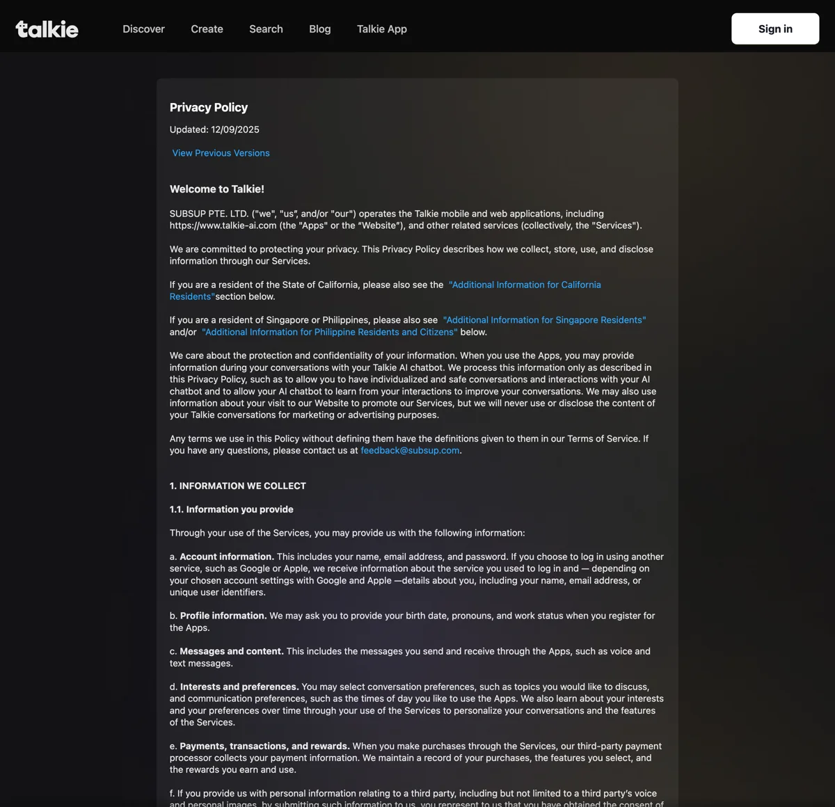 Talkie's privacy policy naming SUBSUP PTE. LTD. as the operator and listing collected data including messages and voice content