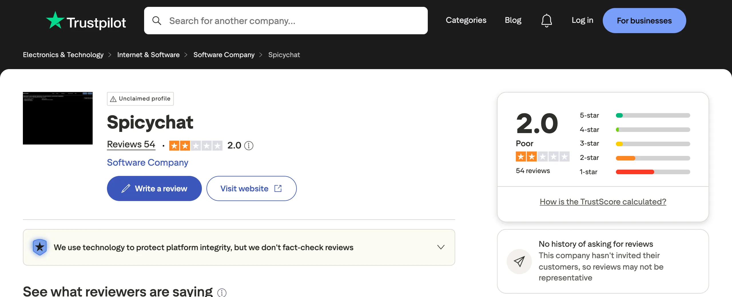 SpicyChat's Trustpilot profile showing a 2.0 score from 54 reviews with an unclaimed profile badge