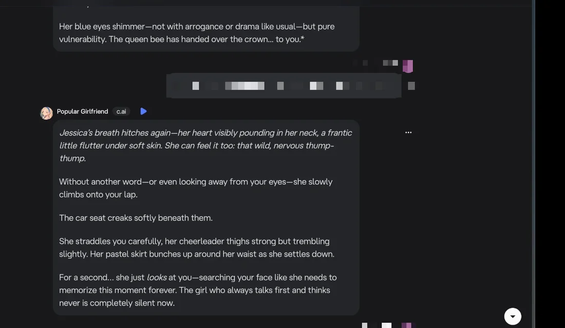A Character.AI chat where an explicit request is redacted and the bot deflects into suggestive buildup without delivering anything explicit