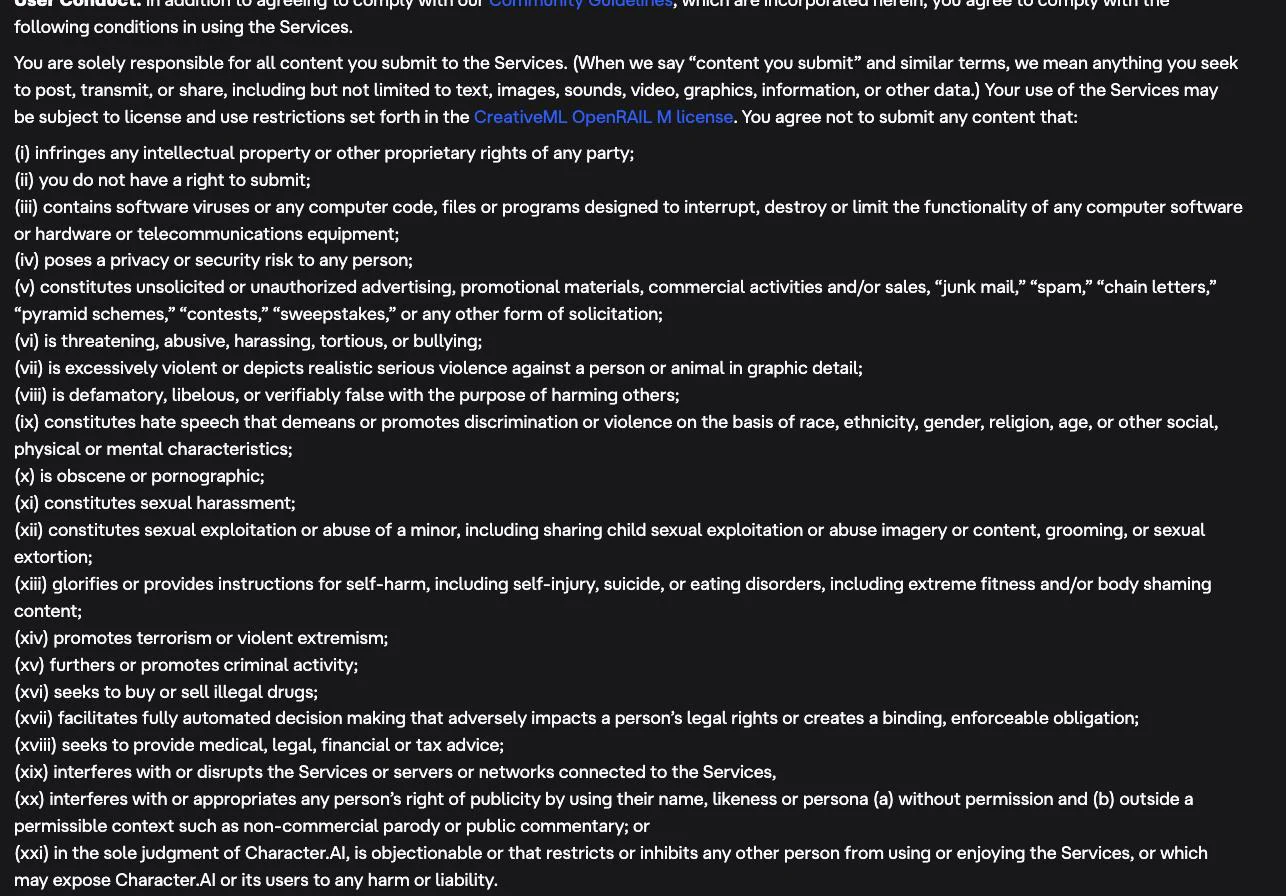 Character.AI Terms of Service prohibited-content list, with item (x) 'is obscene or pornographic' among the content users agree not to submit