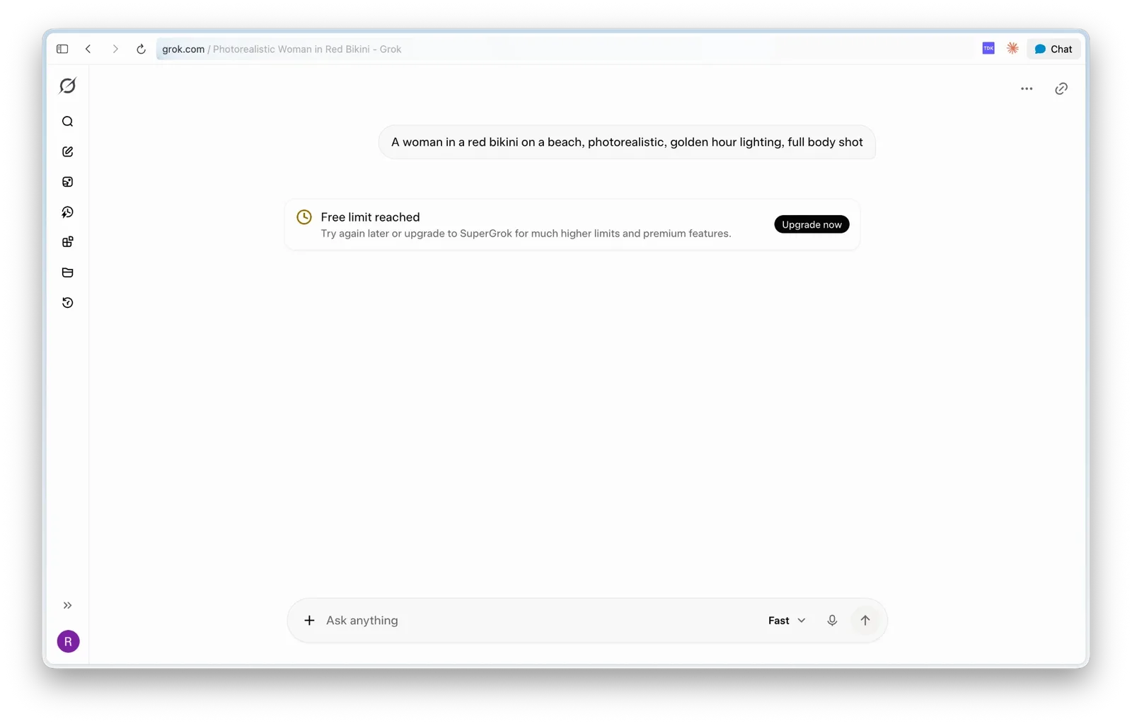Grok free limit reached message offering a SuperGrok upgrade, captured July 2026