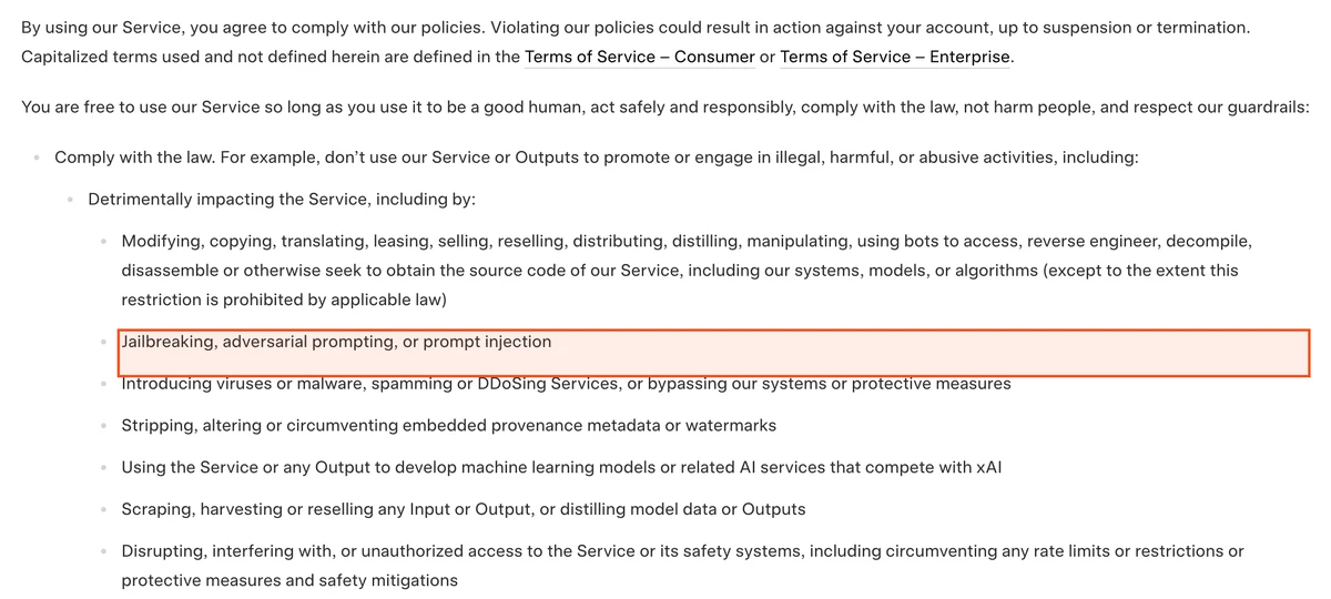 xAI Acceptable Use Policy listing Jailbreaking, adversarial prompting, or prompt injection among prohibited activities, captured July 2026